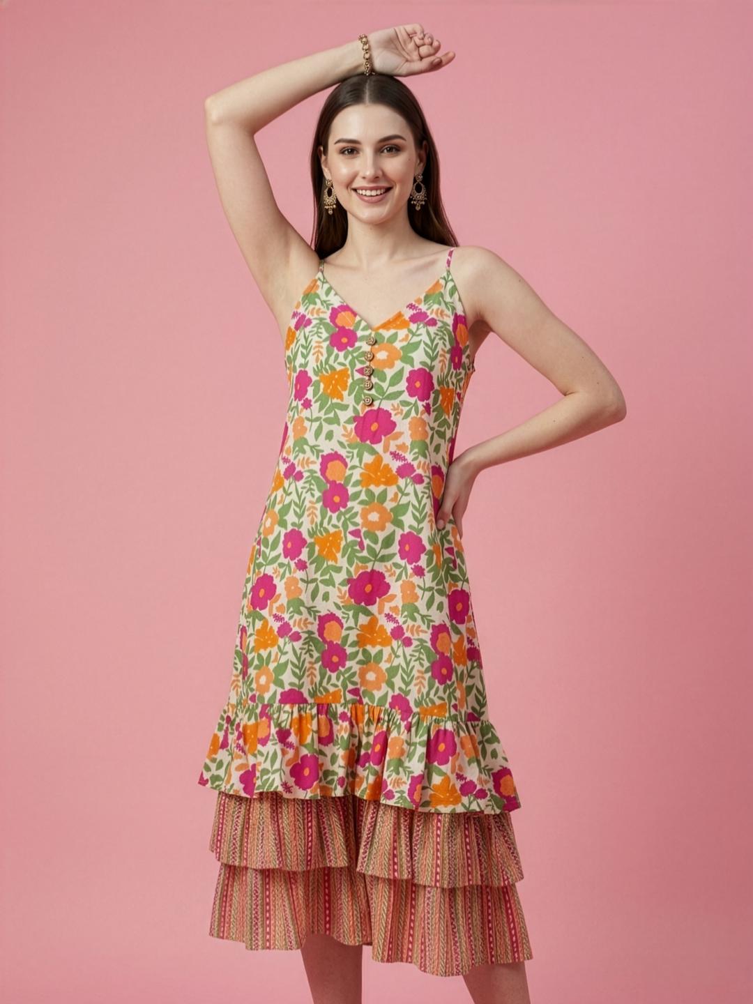 Aaronee floral printed premium cotton sleeveless midi dress for women
