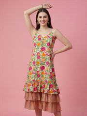 Aaronee floral printed premium cotton sleeveless midi dress for women