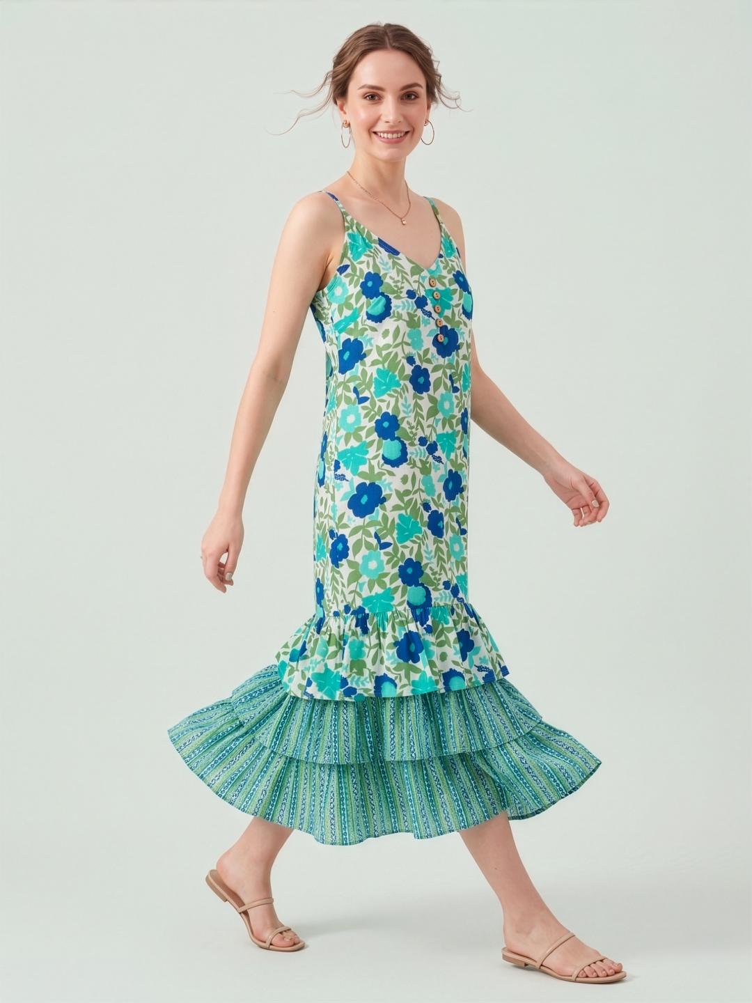 Aaroneegreen floral printed premium cotton midi dress for women