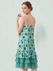 Blue and green botanical print casual midi dress