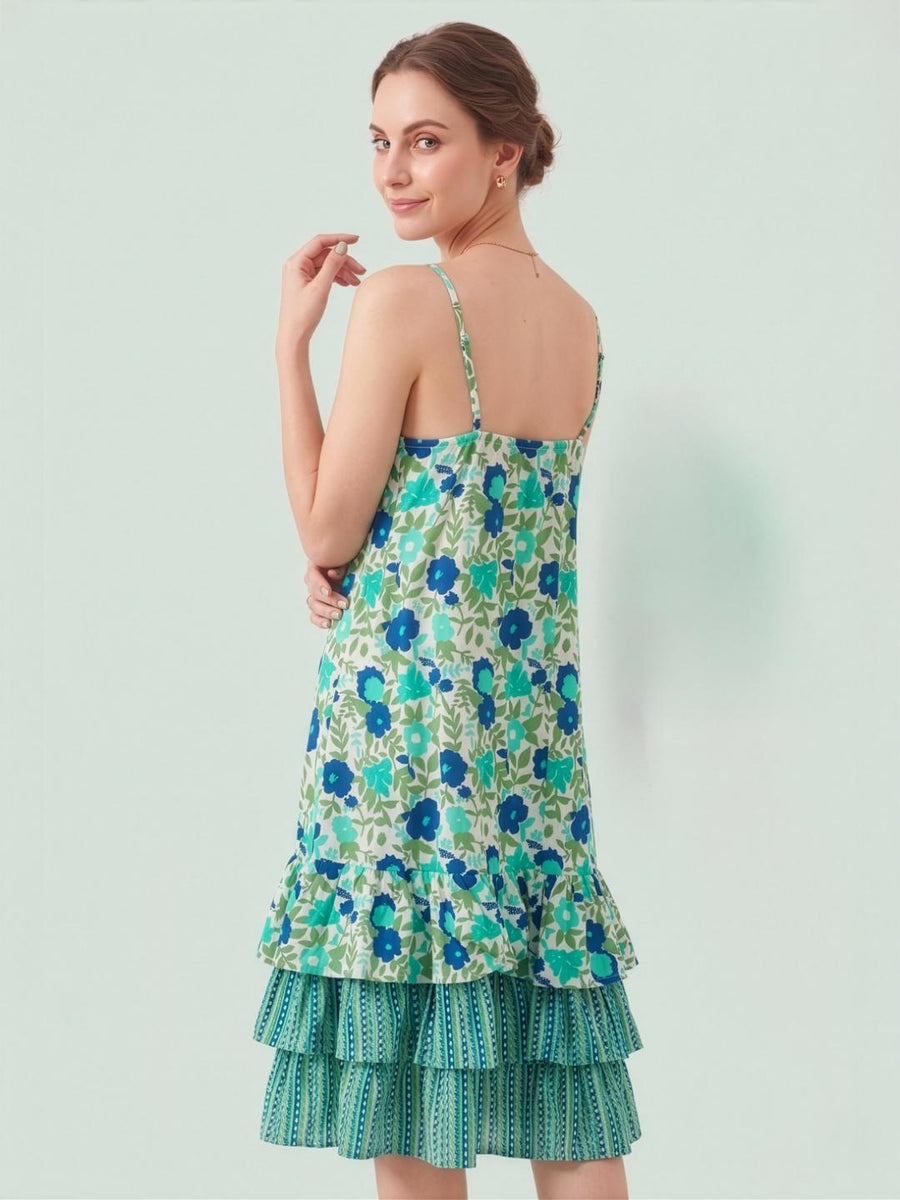Blue and green botanical print casual midi dress