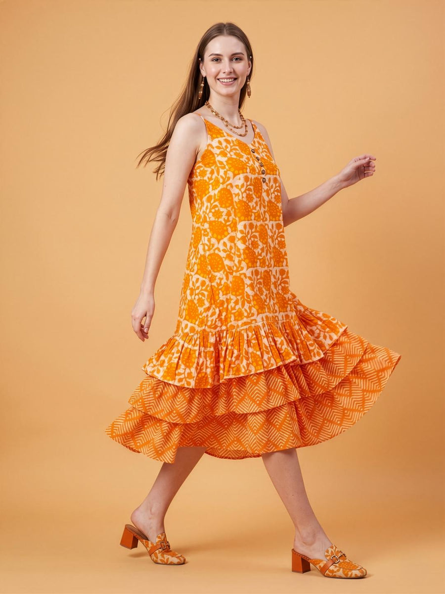 Aaronee orange printed premium cotton midi dress for women
