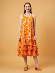 Sleeveless orange cotton tiered midi dress