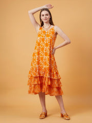 Casual orange printed A-line cotton dress