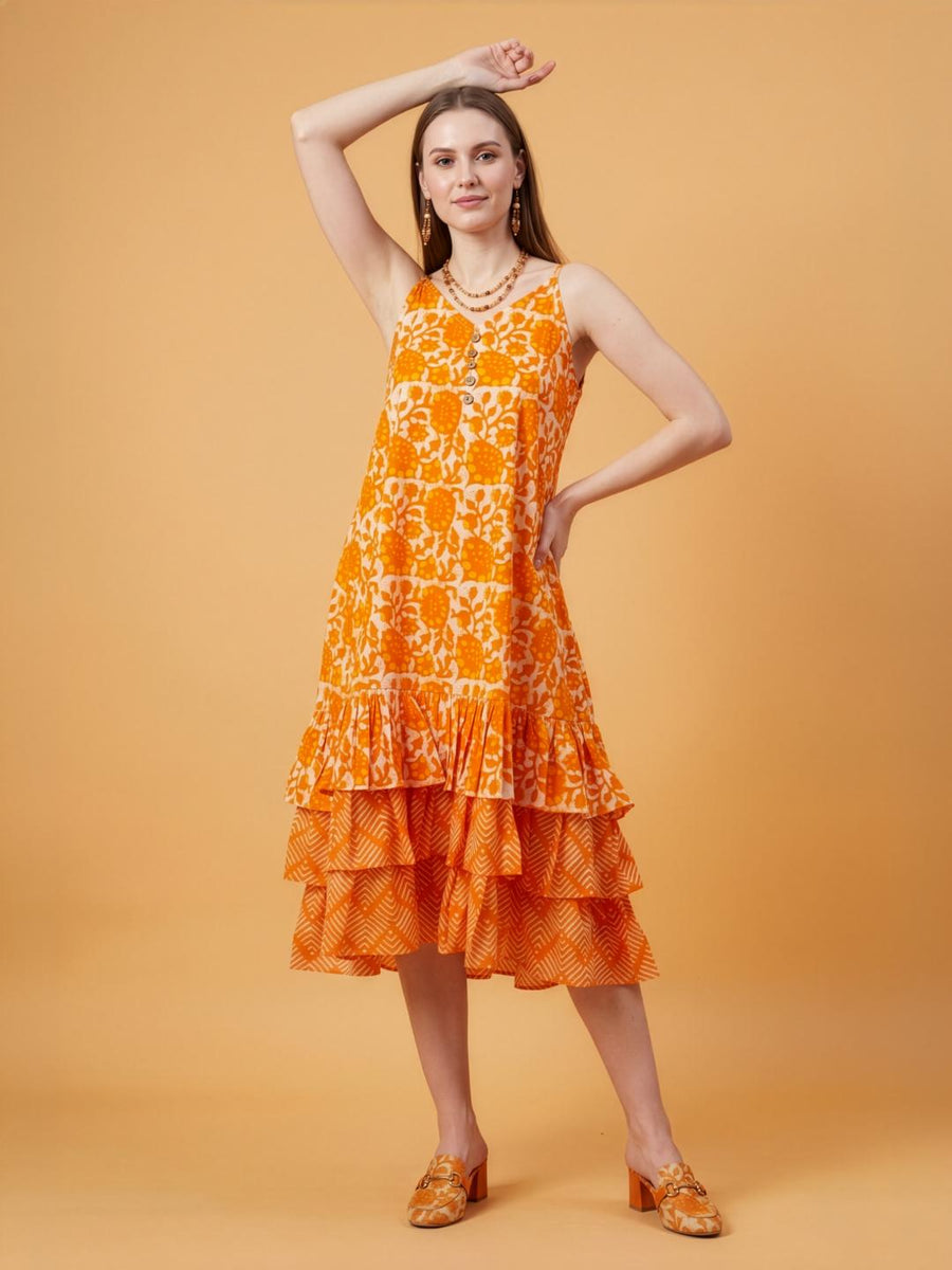 Casual orange printed A-line cotton dress