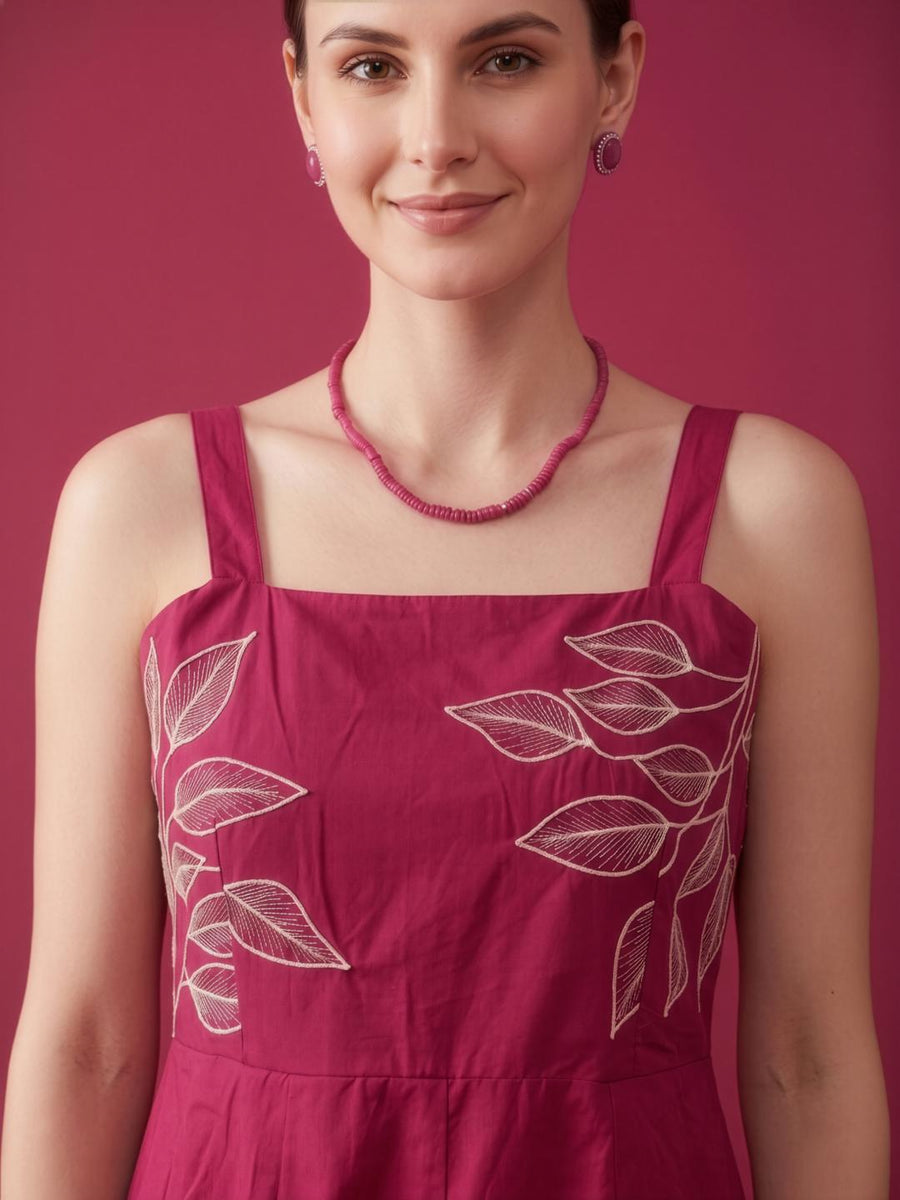 Premium square neck cotton A-line midi dress in pink