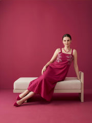 Women's sleeveless pink cotton midi dress with leaf embroidery