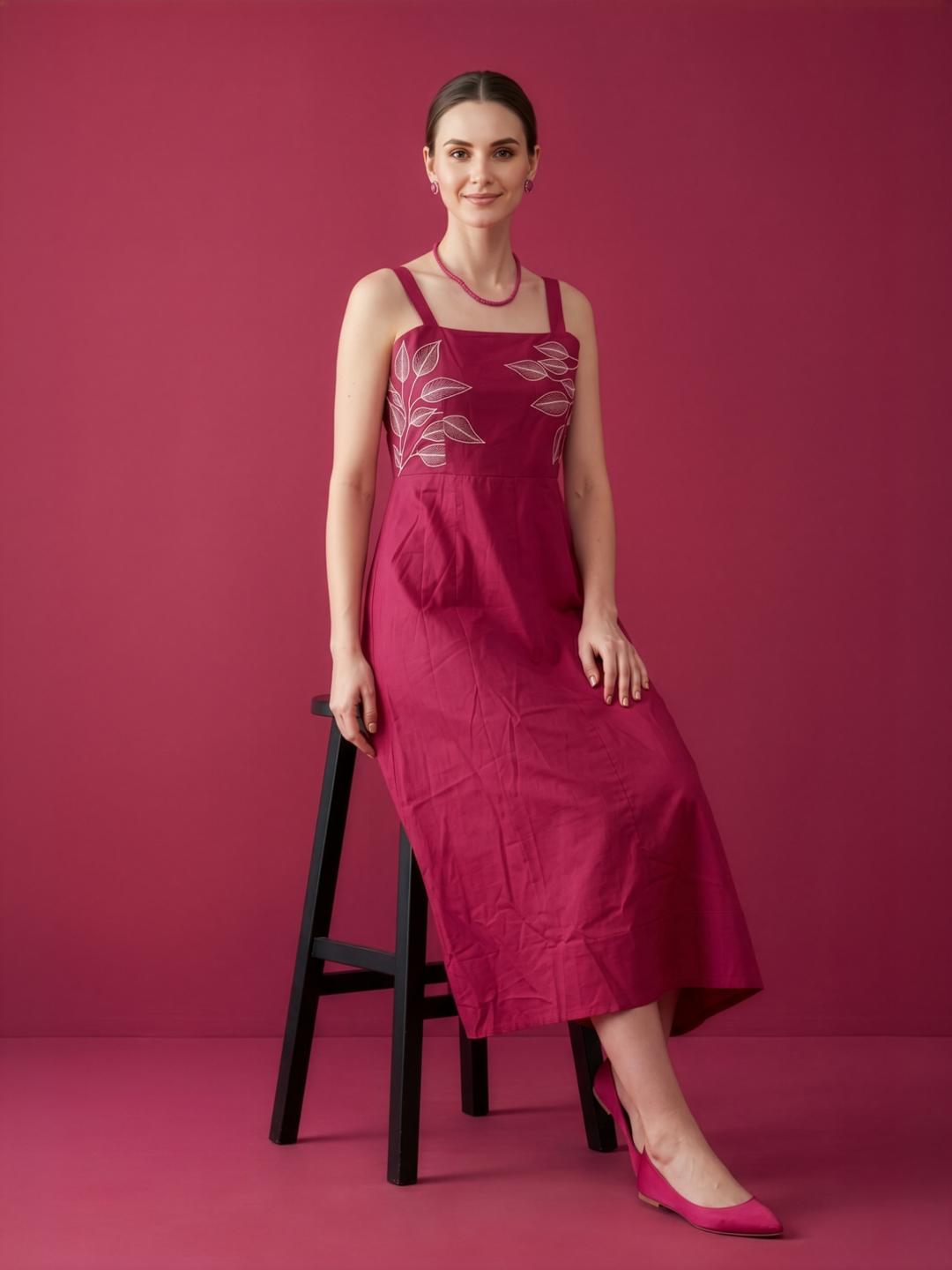 Aaronee bright pink cotton embroidered midi dress for women