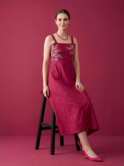 Aaronee bright pink cotton embroidered midi dress for women