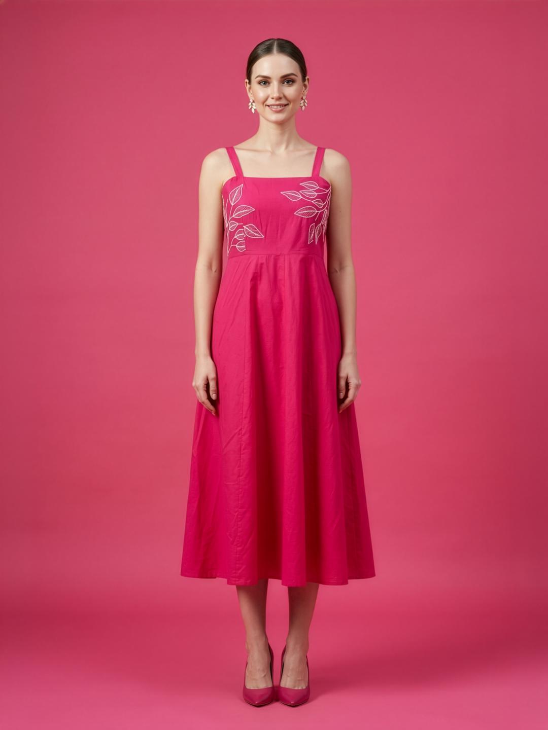 Aaronee fuchsia pink embroidered cotton midi dress for women