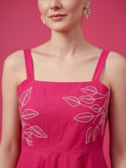 Women's square neck fuchsia cotton A-line dress