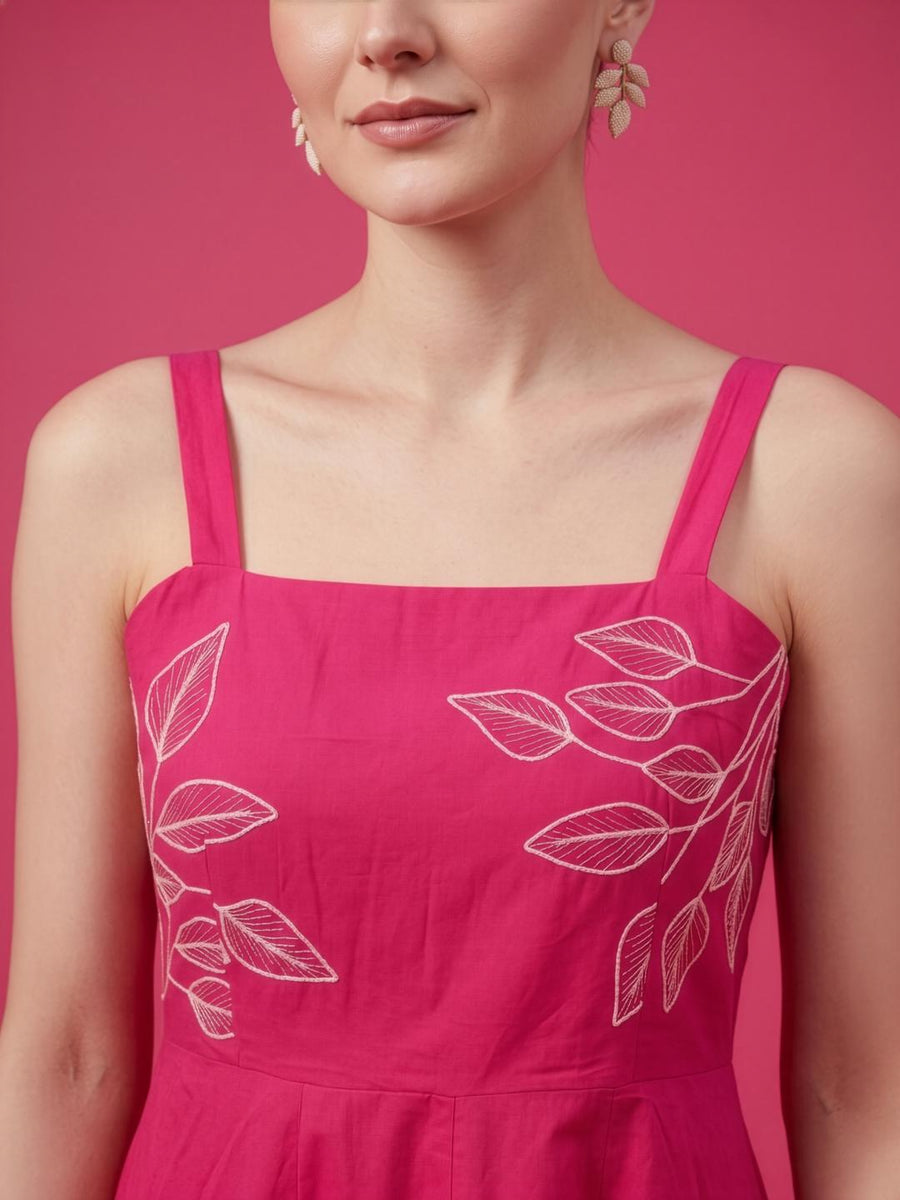 Women's square neck fuchsia cotton A-line dress