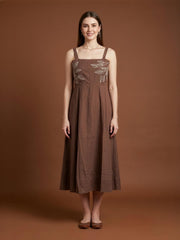Aaronee cocoa brown embroidered cotton midi dress for women
