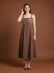 Women's square neck cotton midi dress in cocoa brown