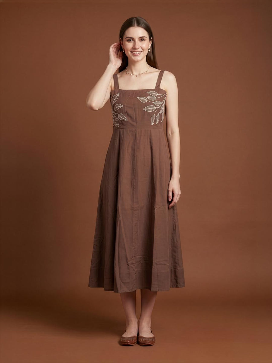 Women's square neck cotton midi dress in cocoa brown