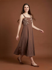 Casual brown A-line cotton midi dress for women