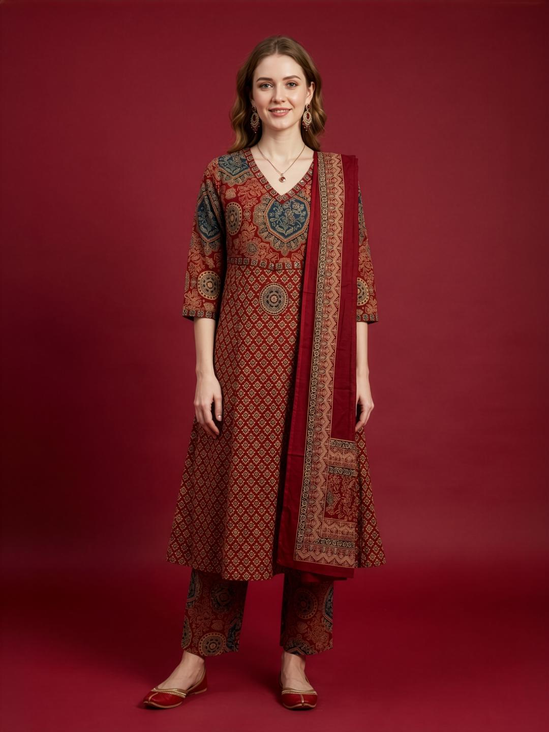 Aaronee Red Ethnic Printed Kurta Set with Dupatta for Women