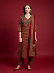 Aaronee Red Ethnic Printed Kurta Set with Dupatta for Women