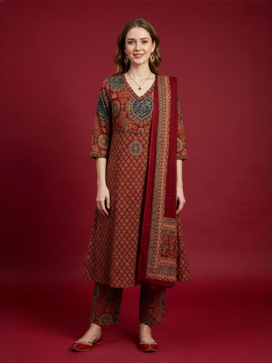 Aaronee Red Ethnic Printed Kurta Set with Dupatta for Women