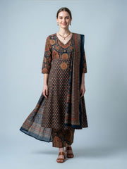 Aaronee Blue Printed Premium Cotton Kurta Set with Dupatta for Women