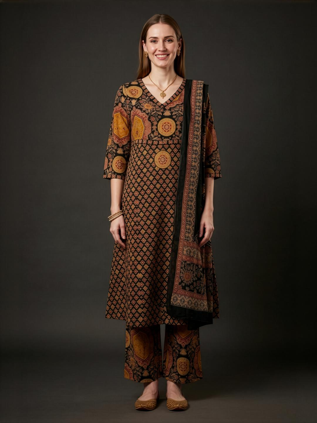 Aaronee Black Printed Kurta Set with Dupatta for Women
