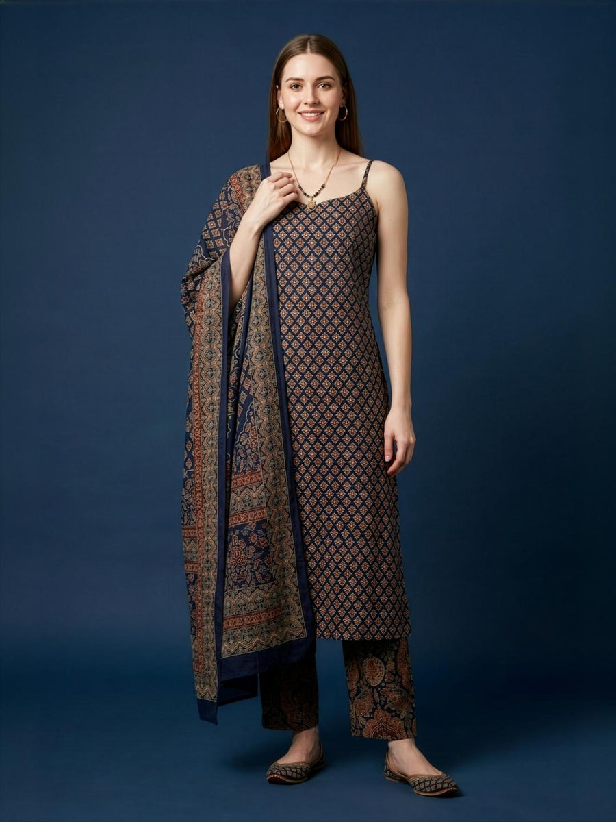 Aaronee Blue Sleeveless Printed Kurta Set with Dupatta