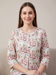 Elegant floral printed jute cotton top for women
