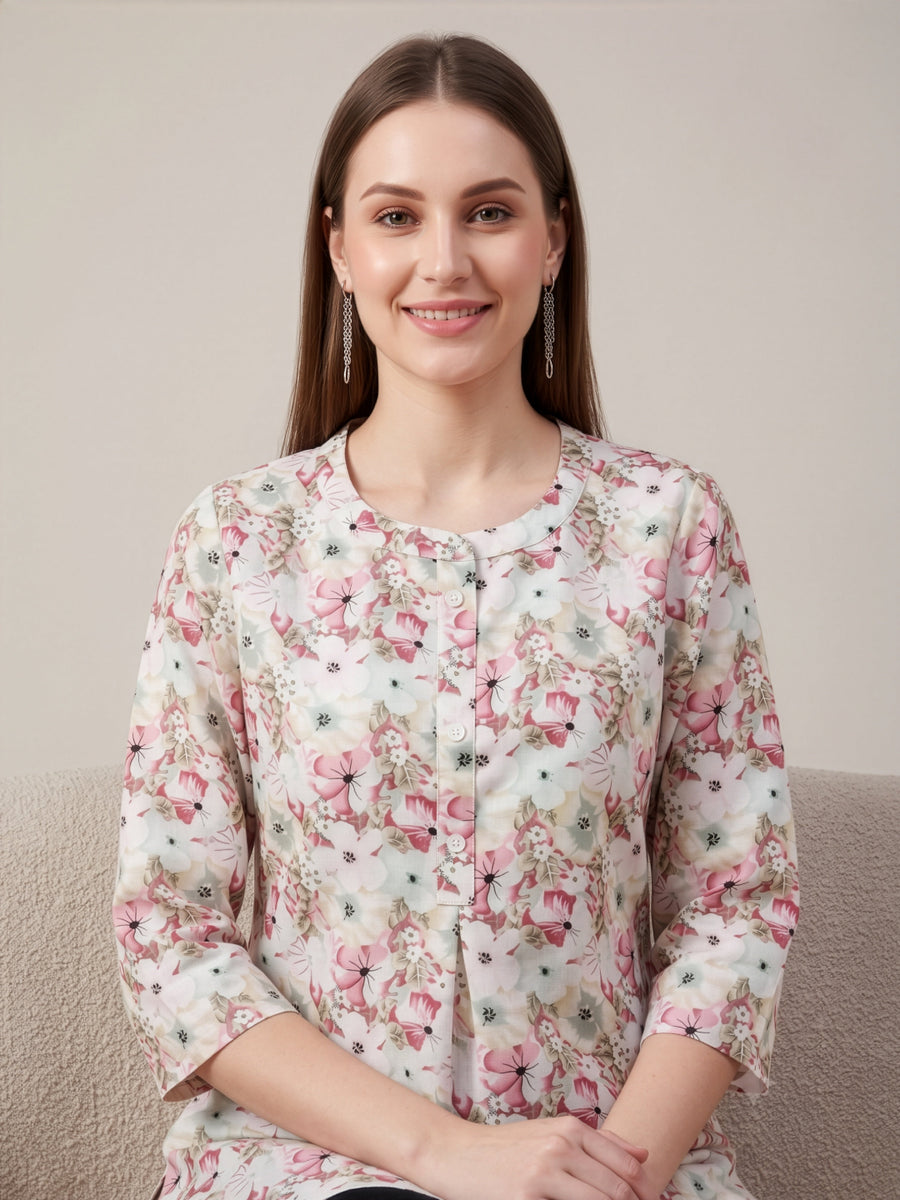 Elegant floral printed jute cotton top for women