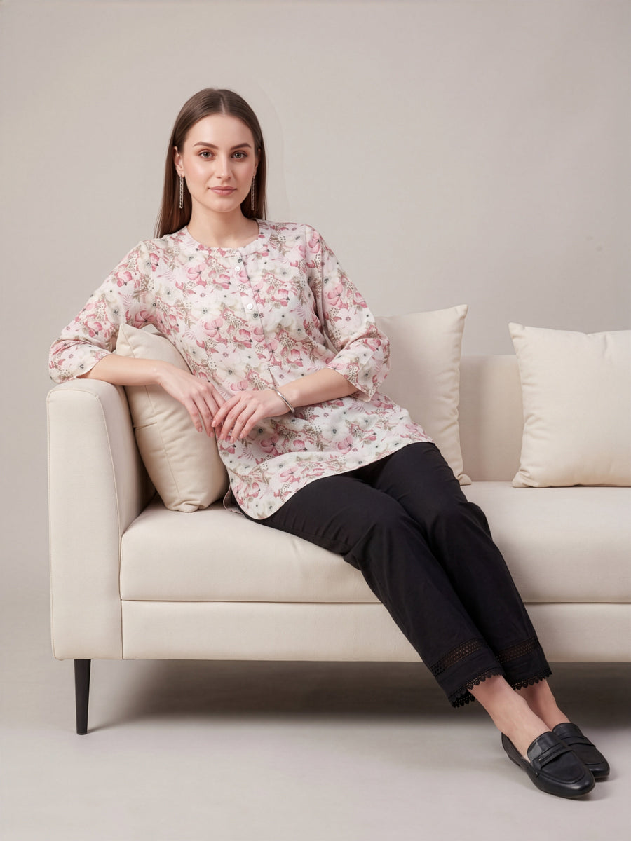 Aaronee white floral printed women's ethnic top