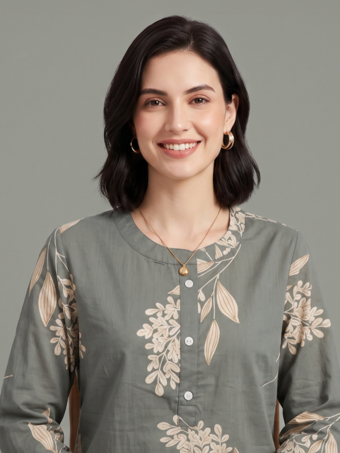 Women's grey botanical printed cotton top
