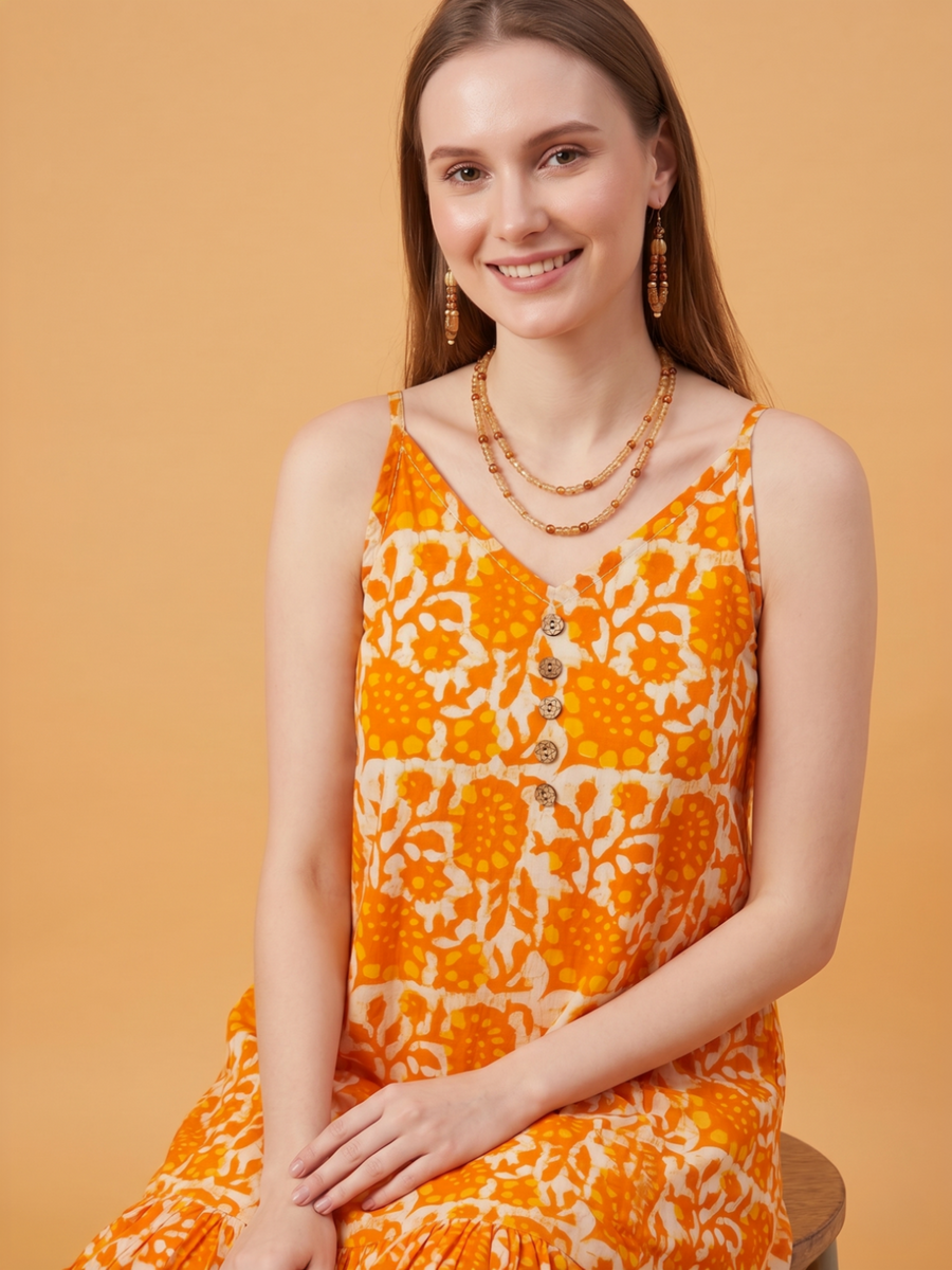 Aaronee orange floral printed tiered midi dress