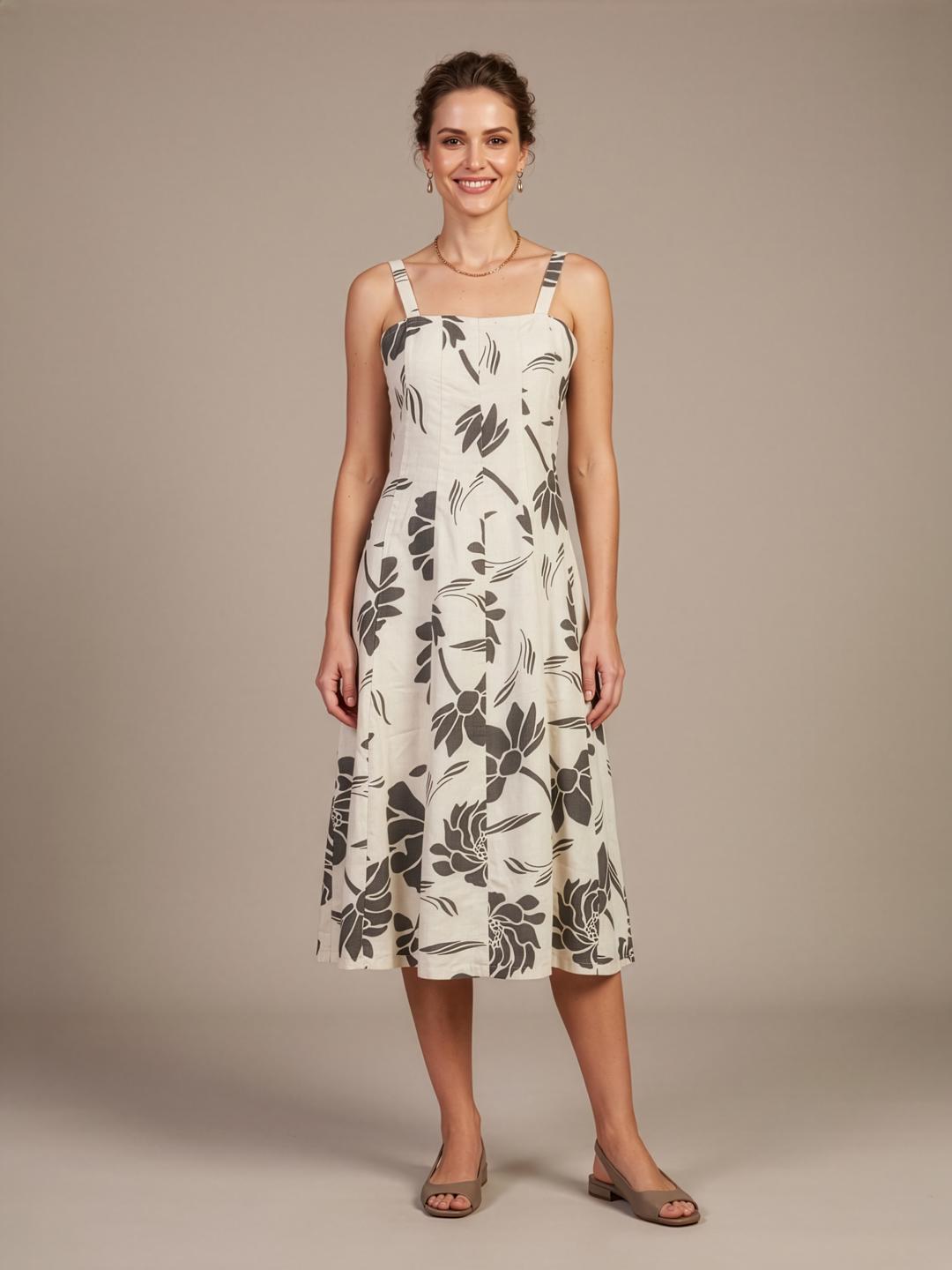 Aaronee women's grey floral premium cotton midi dress