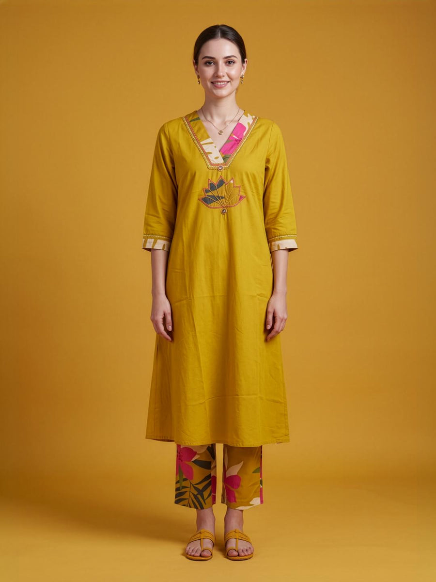 Aaronee Mustard Premium Cotton Kurta Set for Women