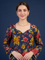 Aaronee Blue Floral Printed Premium Cotton Kurti for Women