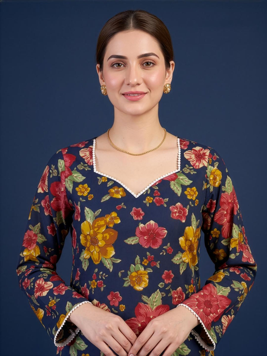 Aaronee Blue Floral Printed Premium Cotton Kurti for Women