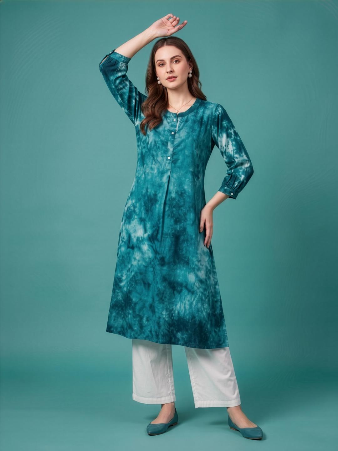 Teal Blue Rayon Kurta with White Cotton Palazzo