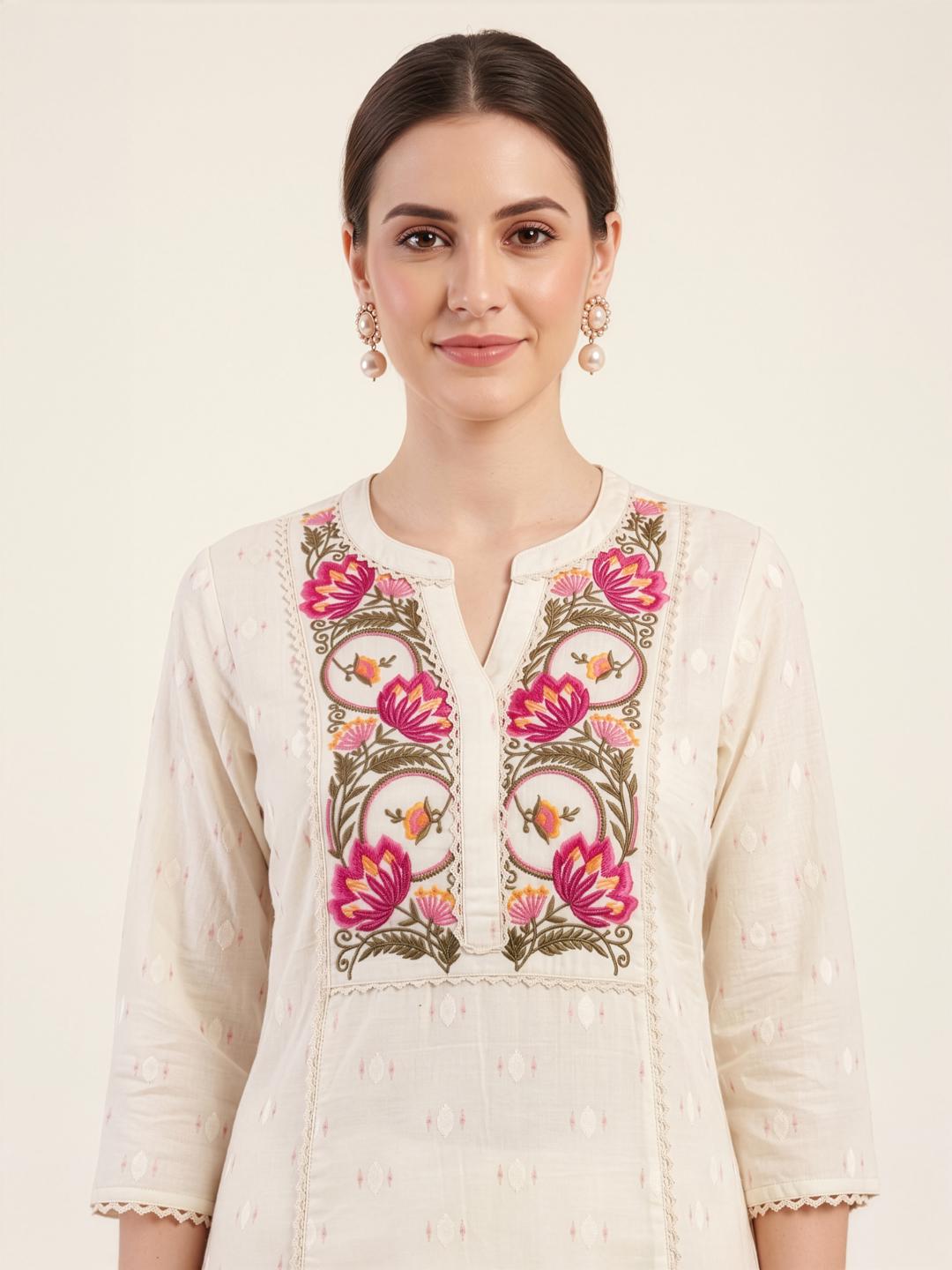 Floral Embroidered Premium Cotton Kurta Set for Women