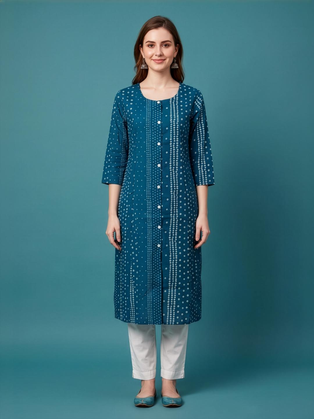 Aaronee Blue Premium Cotton Printed Straight Kurti for Women