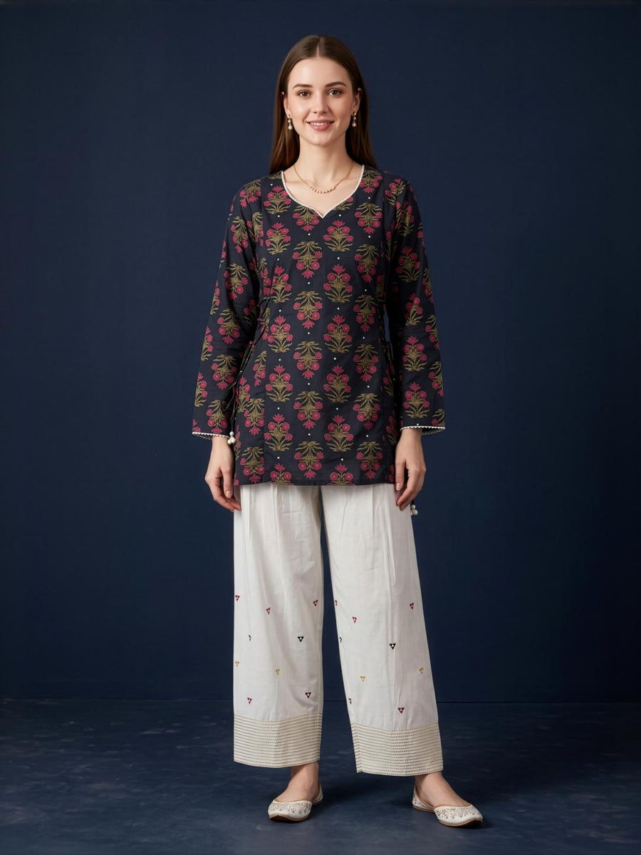Aaronee Black Floral Printed Cotton Farshi Salwar Set for Women