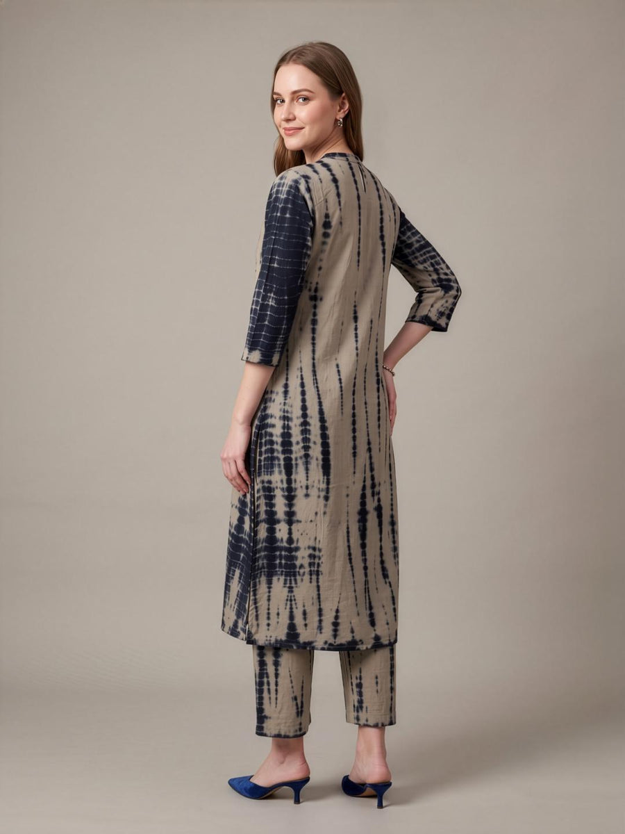 Beige Printed Kurta with Matching Straight Pants