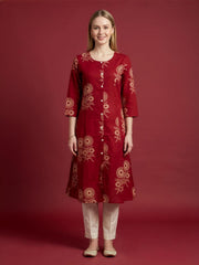 Aaronee Red premium Cotton Printed A-Line Kurti for Women