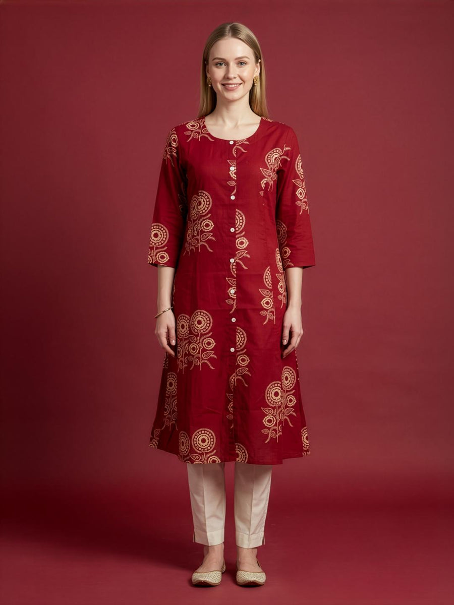Aaronee Red premium Cotton Printed A-Line Kurti for Women