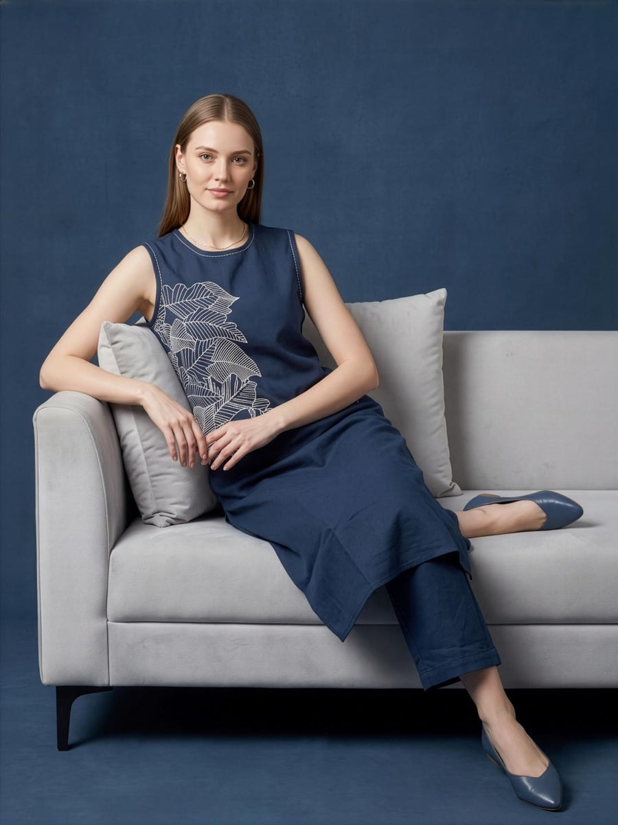 Elegant navy blue embroidered kurta set for women