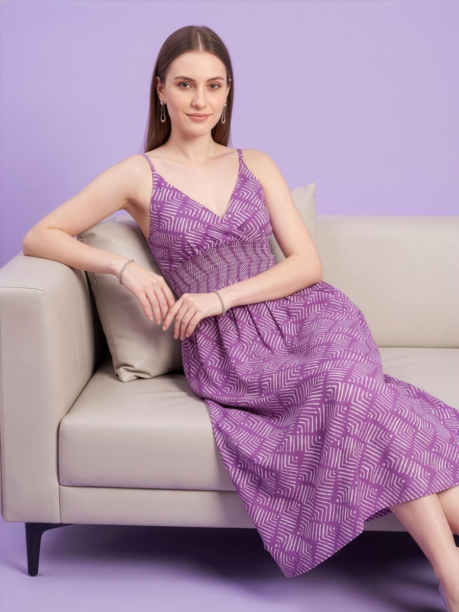 Aaronee purple printed premium cotton midi dress for women