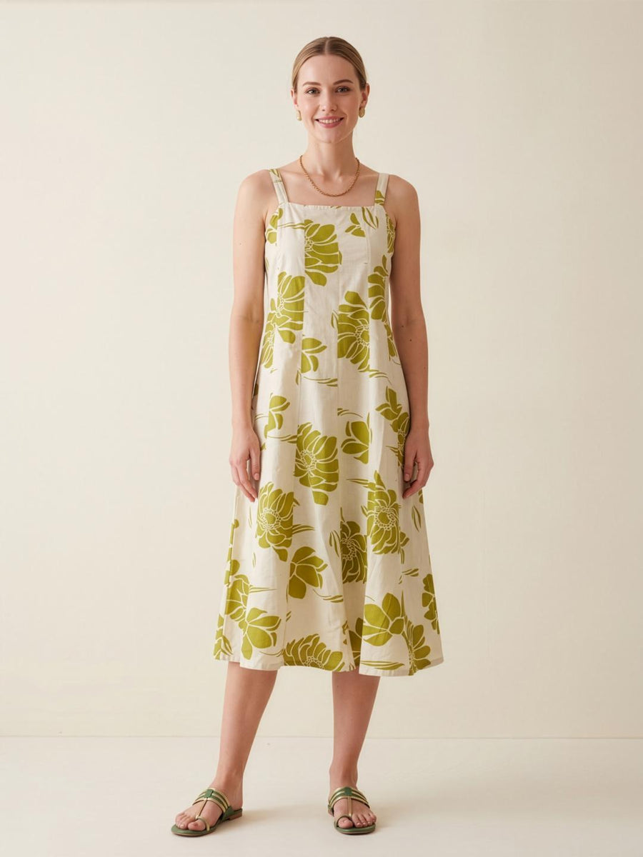 Aaronee yellow floral premium cotton midi dress for women