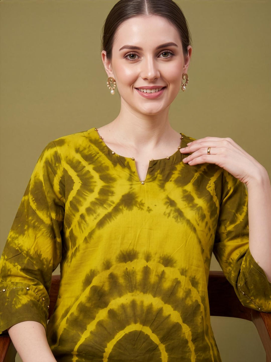 Mustard Printed Three Quarter Sleeve Kurti Set
