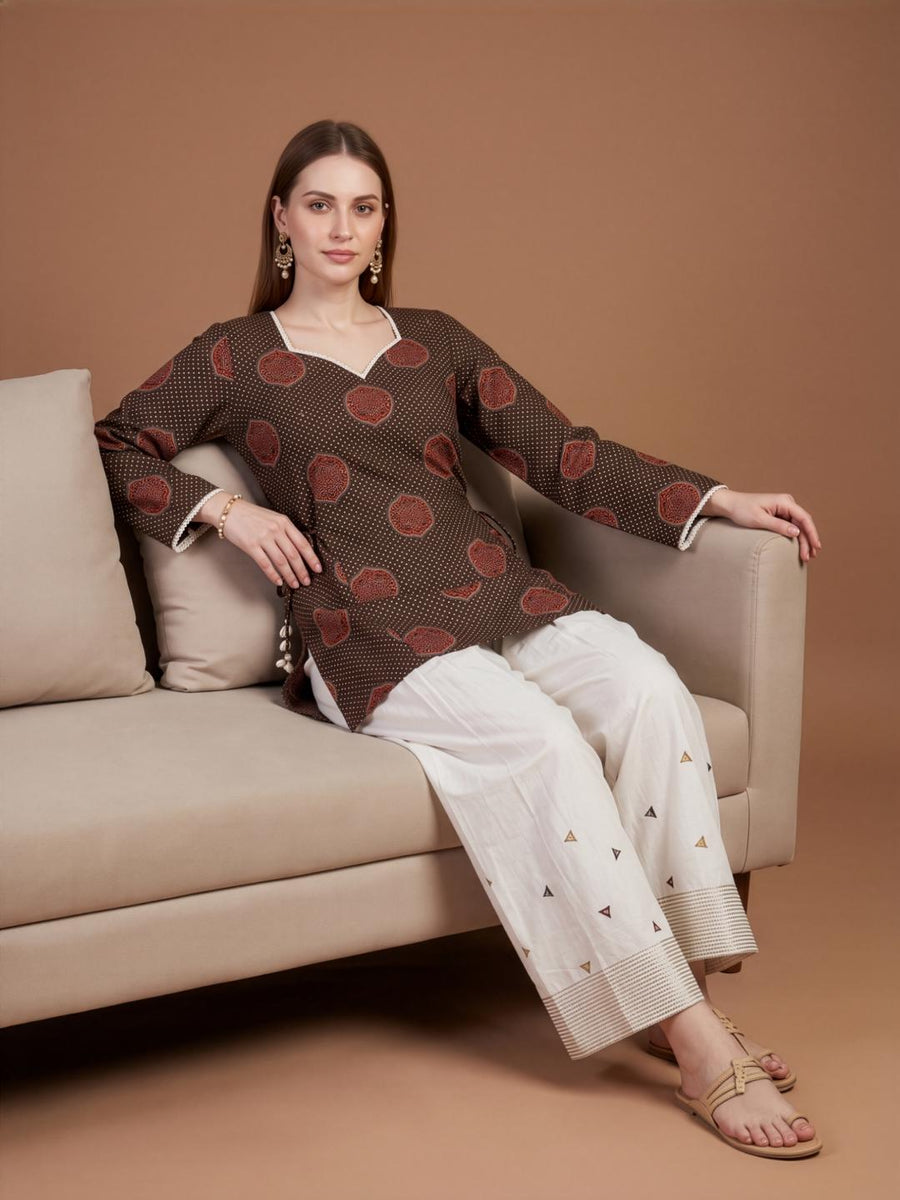 Brown Printed Cotton farshi Salwar Set for Women by Aaronee