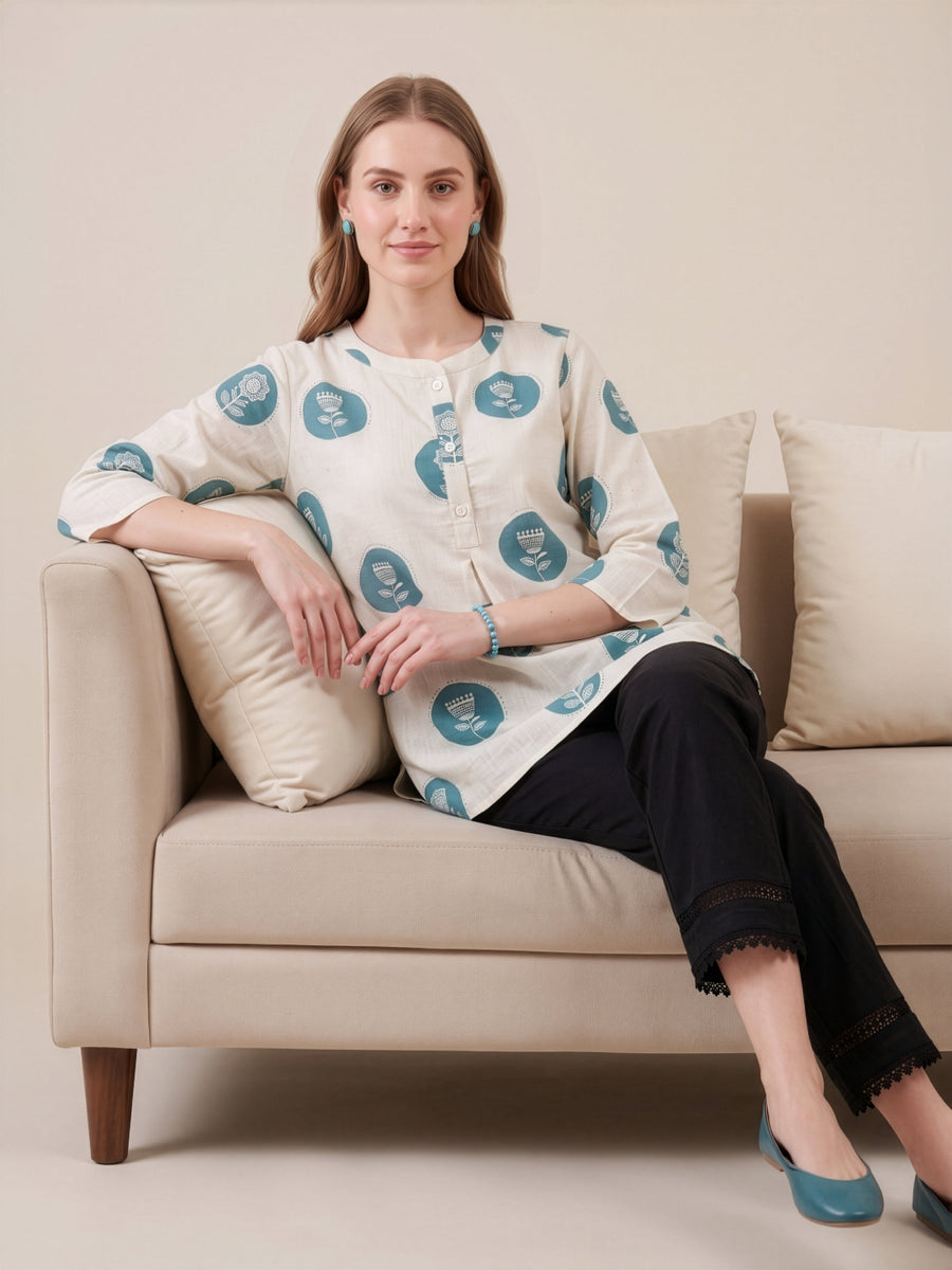 Aaronee blue printed cotton flex top for women