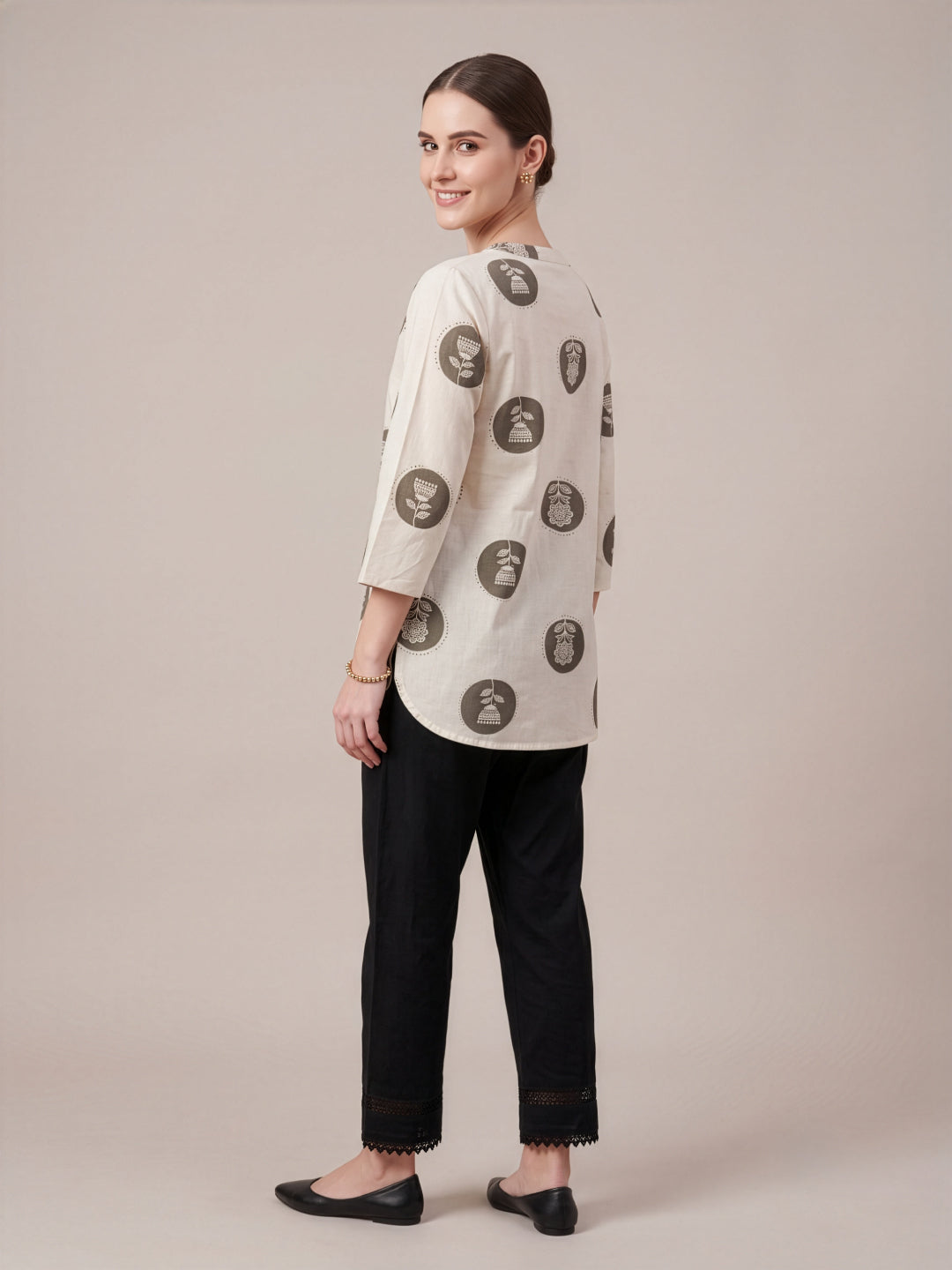 Off-white and grey printed cotton top for women