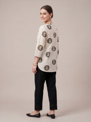 Off-white and grey printed cotton top for women